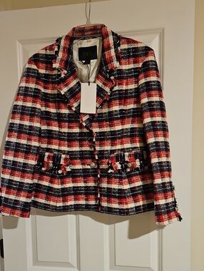 Zara Red, Navy & White Plaid Tweed Blazer